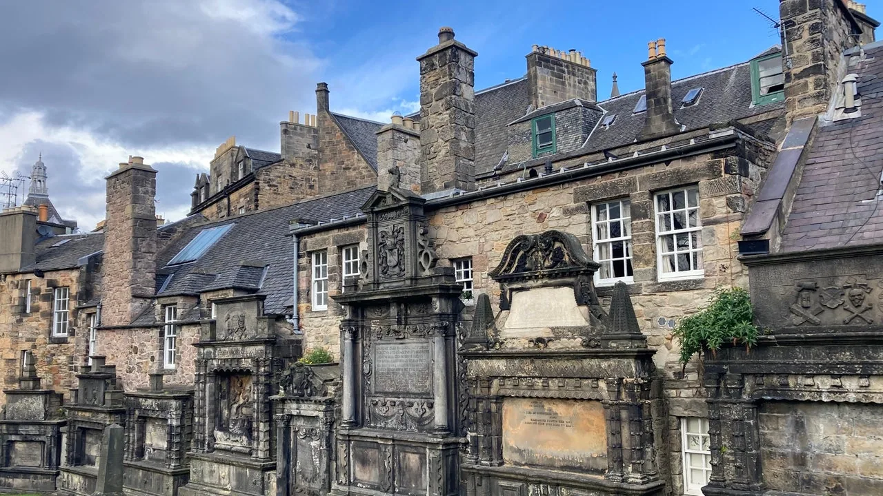 Historic gravestones and stone buildings at Greyfriars Kirkyard
